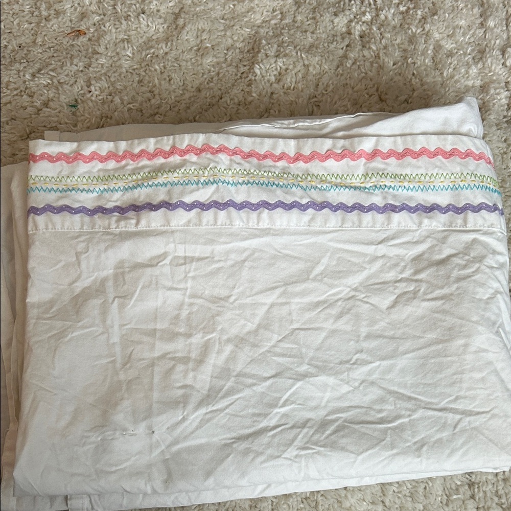 Pottery Barn Kids White sheet with Colorful Zigzag Trim Twin Flat Sheet